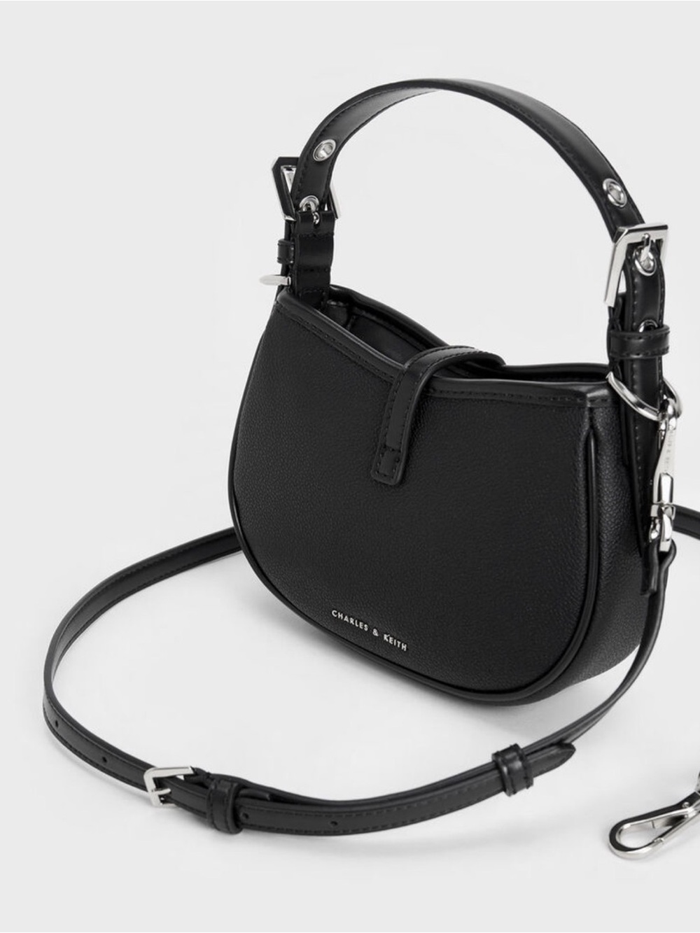 Charles & Keith Thessaly Metallic Accent Bag | Black Top Handle Crossbody Purse - Picture 3 of 10